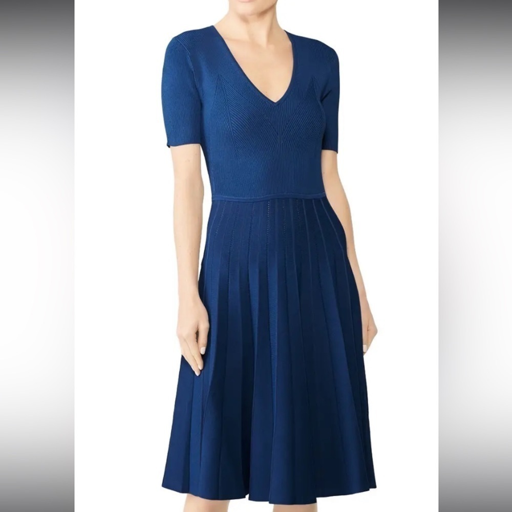 Jason Wu Shiny Blue Viscose Knit Pleated Fit and Flare V Neck‎ Dress Sz Sm